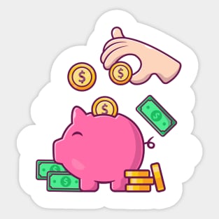 Hands put coins in a piggy bank cartoon Sticker